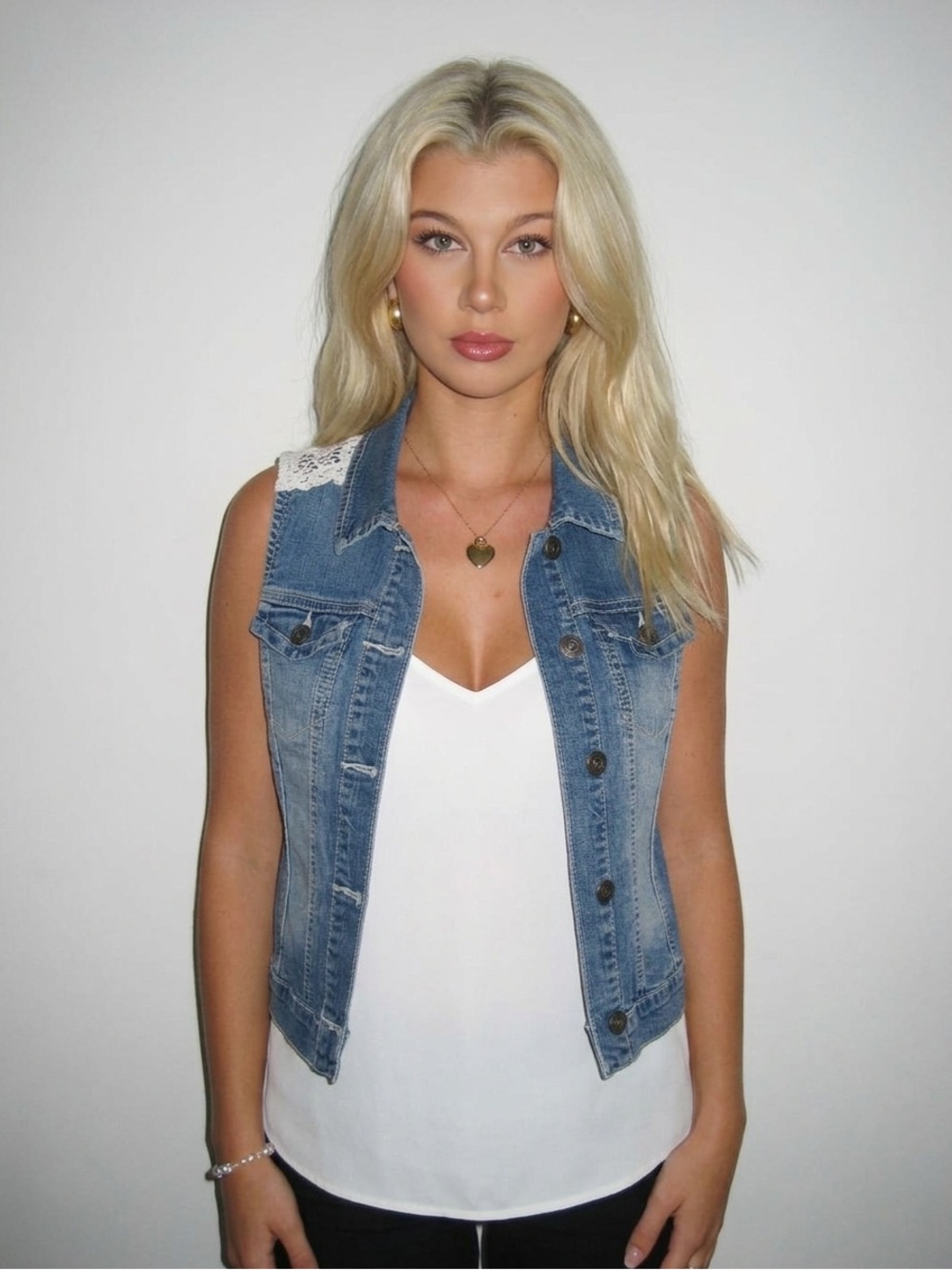 Maurices Blue Denim Vest with Lace Detail